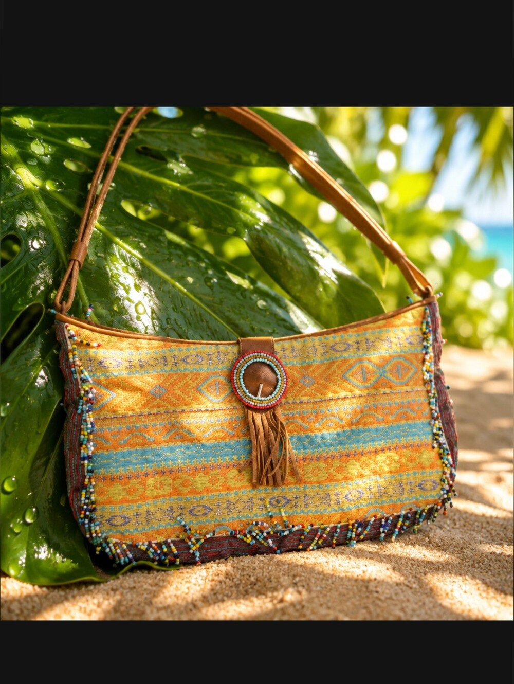 Petro Zillia Bohemian Beaded Yellow Hobo Bag with Fringe
